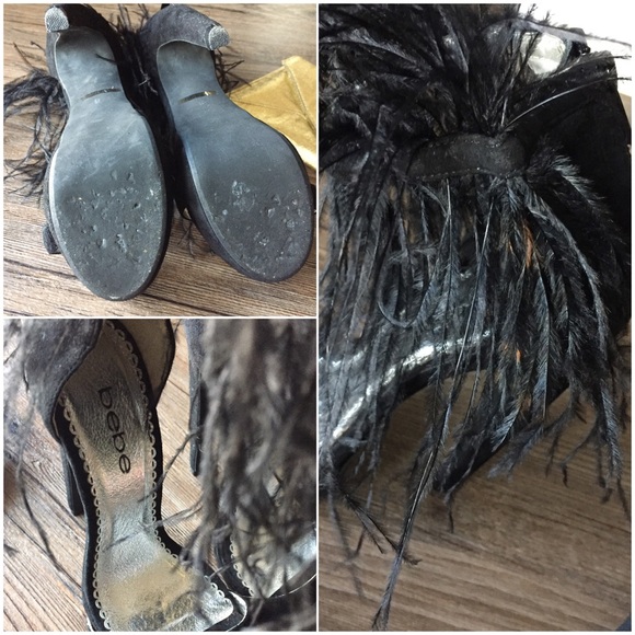 bebe Shoes - Bebe // Black Feather fur heel sandals // size 6 bebe Shoes - Bebe // Black Feather fur heel sandals // size 6