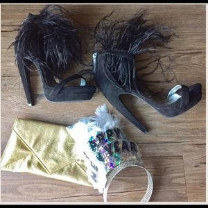 bebe Shoes - Bebe // Black Feather fur heel sandals // size 6 bebe Shoes - Bebe // Black Feather fur heel sandals // size 6