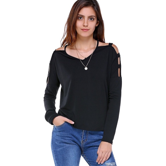 ✨ONE LEFT!✨ V Neck Cut Off Shoulder Top - Picture 2 of 4