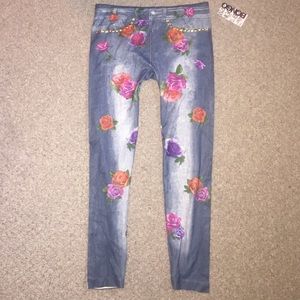 Denim Print Leggings with Roses