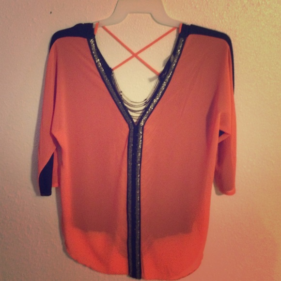 Exposed beaded orange and black breezy blouse