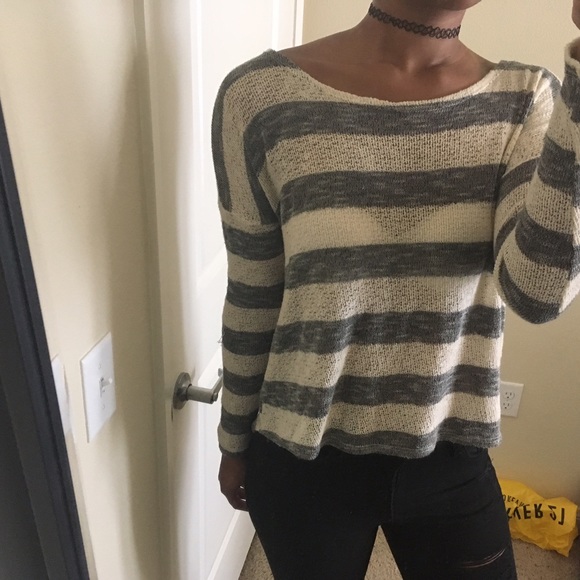 White and grey striped sweater. Longer in back - Picture 1 of 2