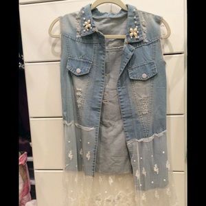 NWOT Long Open Denim and Lace Cardigan Jacket