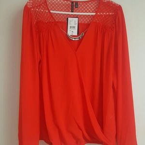 NWT red blouse with attached accent necklace