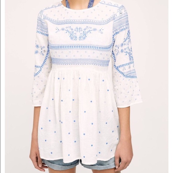 Anthropologie Tops - Anthropologie blue and white embroidered tunic