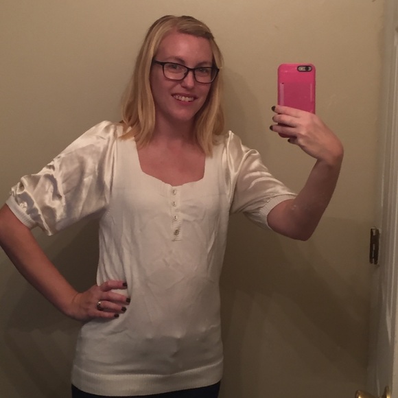 White Sweater w/ Satin Flounce Sleeves