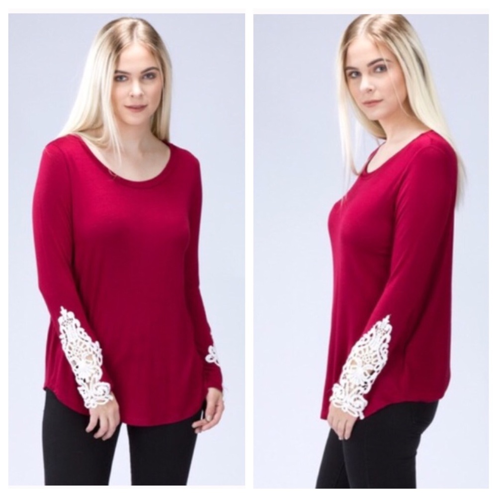 ⏳LAST ONE ⏳Burgundy Crochet Sleeves Top - Picture 2 of 5