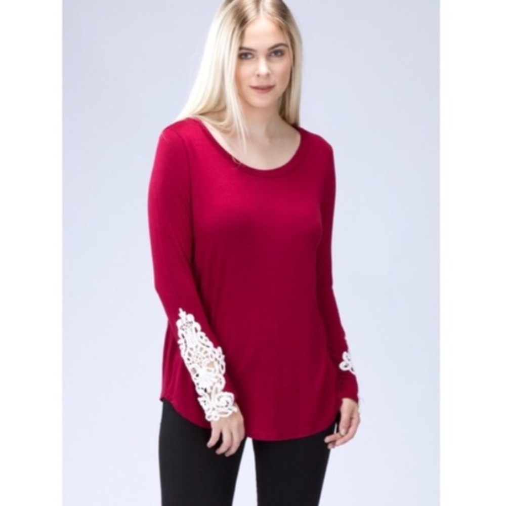 ⏳LAST ONE ⏳Burgundy Crochet Sleeves Top - Picture 3 of 5