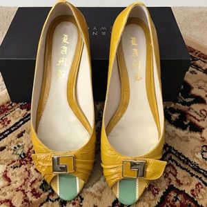 L.A.M.B. Peep Toe Flats - 8 - Mustard Yellow