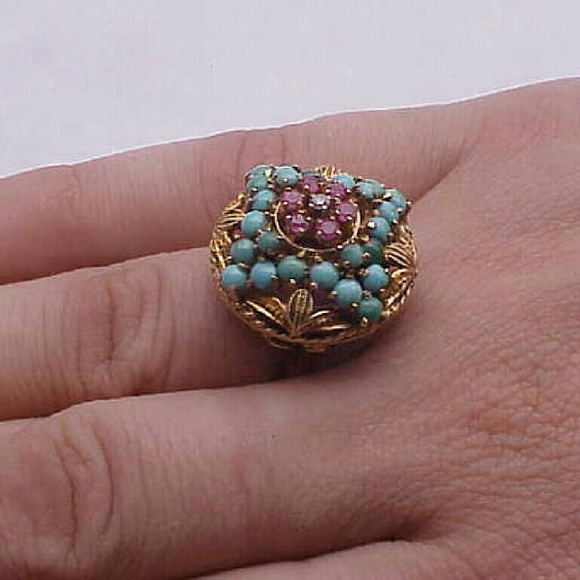 Antique  18k gold Genuine Diamond Ruby Turquoise Ring - Picture 3 of 4