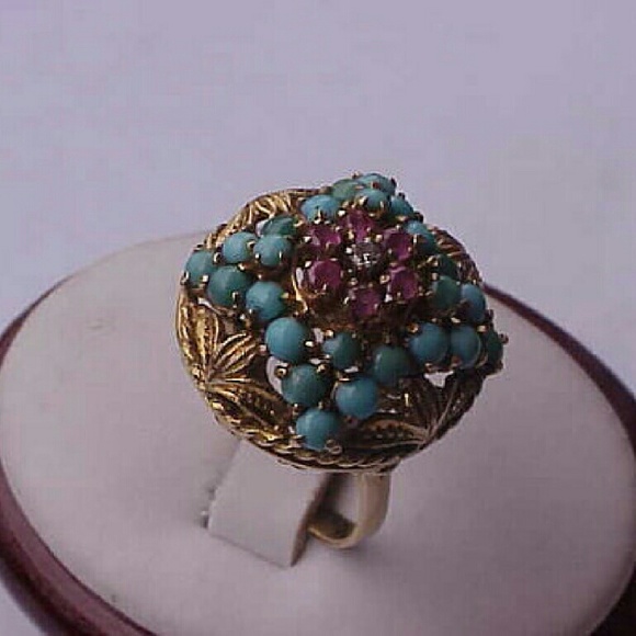 Antique  18k gold Genuine Diamond Ruby Turquoise Ring - Picture 4 of 4