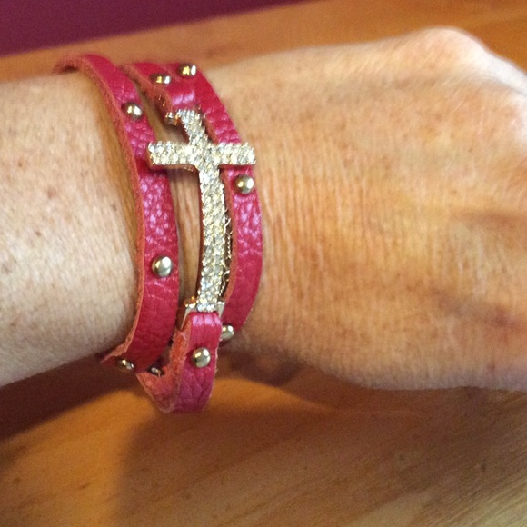 Red leather and gold brand wrap bracelet