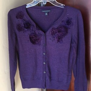 Plum cardigan with floral embellishments