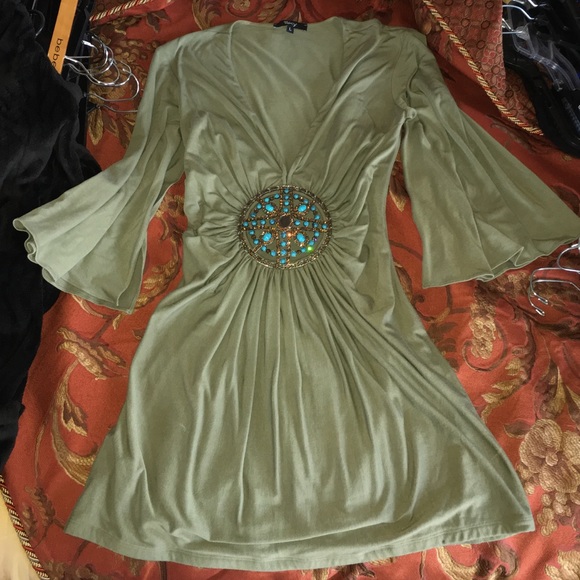 Sky Brand Olive top with turquoise and crystals