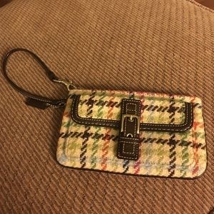 Coach plaid wristlet with brown leather strap