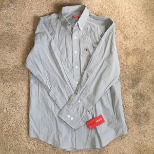 Men's navy checkered button down shirt.