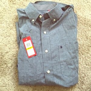 Light navy button down shirt.