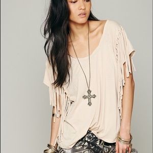 Free people tan fantasy fringe tee size large