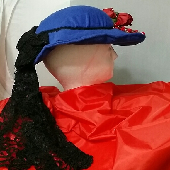 Regal Royal Blue Felt Hat w/Red & Black Decor