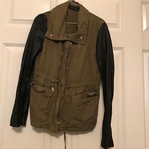 ZARA Utility Jacket Black Vegan Leather Army Green