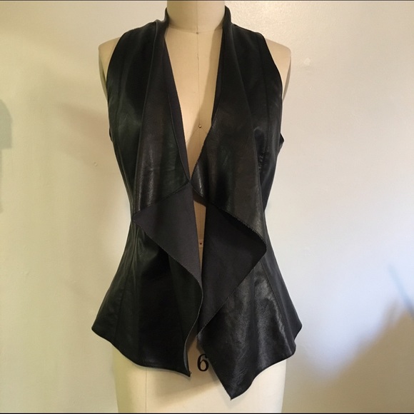 Fate Black Faux Leather Drape Front Vest
