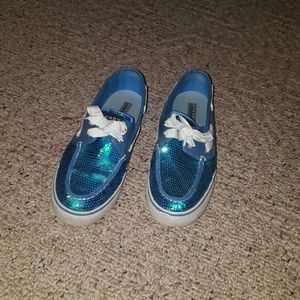Blue sequence Sperry boat shoes.
