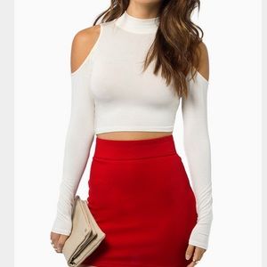 White Crop Cold Shoulder Mock Turtleneck Top