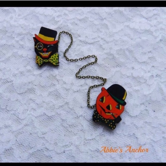 Vintage cat & jack o' lantern brooch - Picture 2 of 2