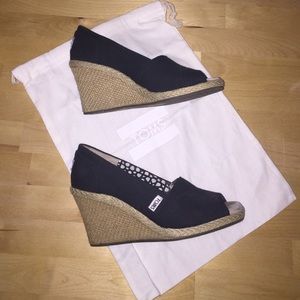 Black TOMS Peep Toe Wedges