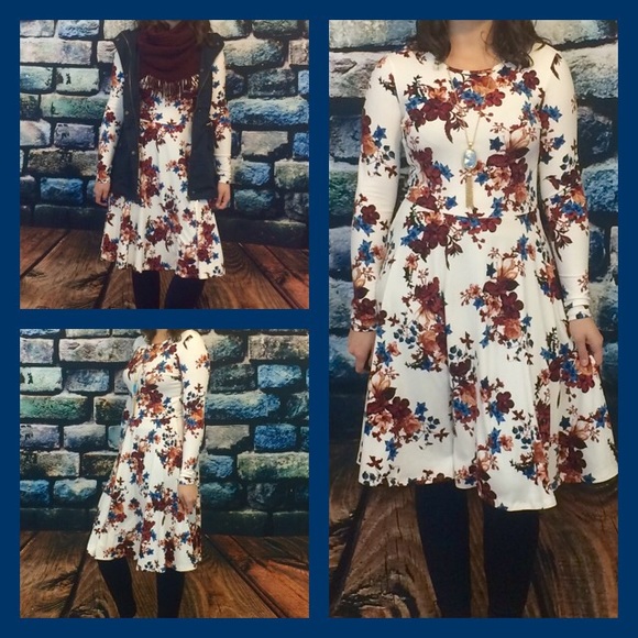 Ivory Floral fit and flared dress - Picture 1 of 4