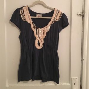 Anthropologie blue v-neck shirt with beaded detail