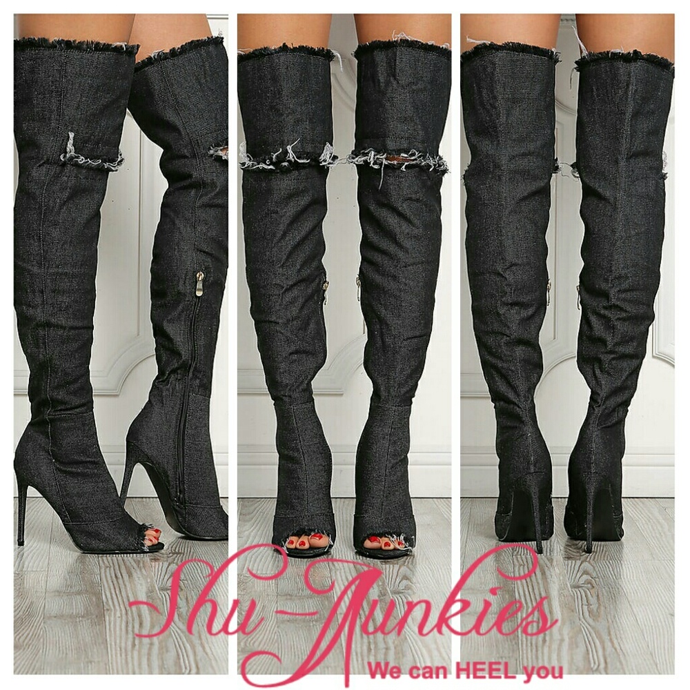Denim distressed thigh high boots