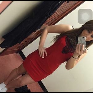 Red with black lace homecoming/snowball dress