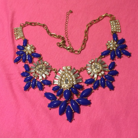 Royal blue jeweled flower statement necklace