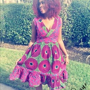 Green & Pink African Ankara Print Dress