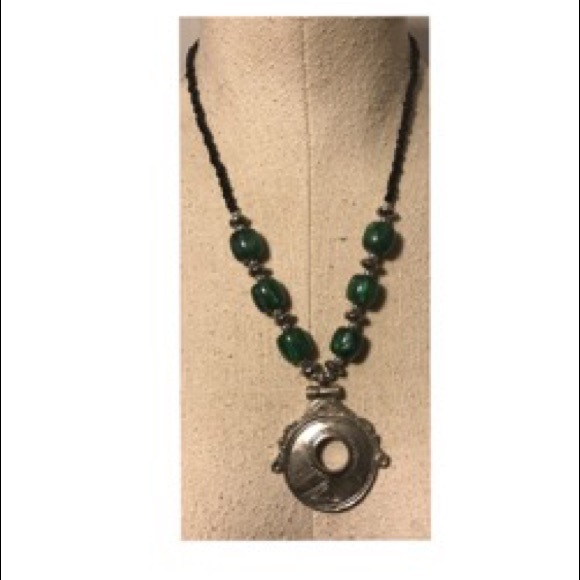 Tribal silver, dark green and black necklace.