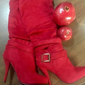 Red faux suede heeled boots