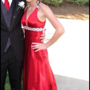 Red, silver beads, floor length, dress. Worn once