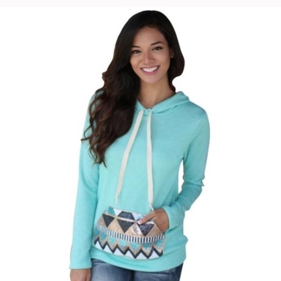 Pocket Hoodie with Sequin Geometric Print - Picture 2 of 3