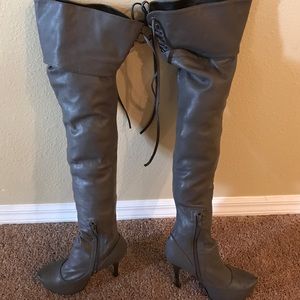 Gray knee high boots