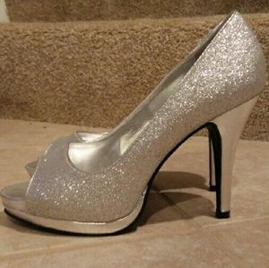 Sparkly Silver Open-Toe Heels