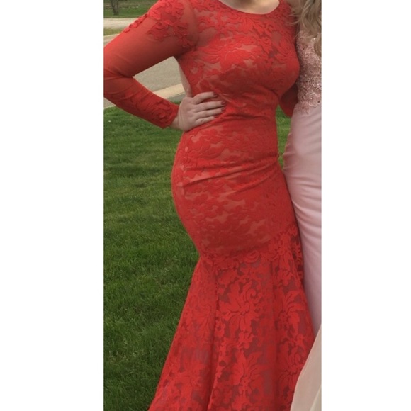 Red lace open back prom/formal dress