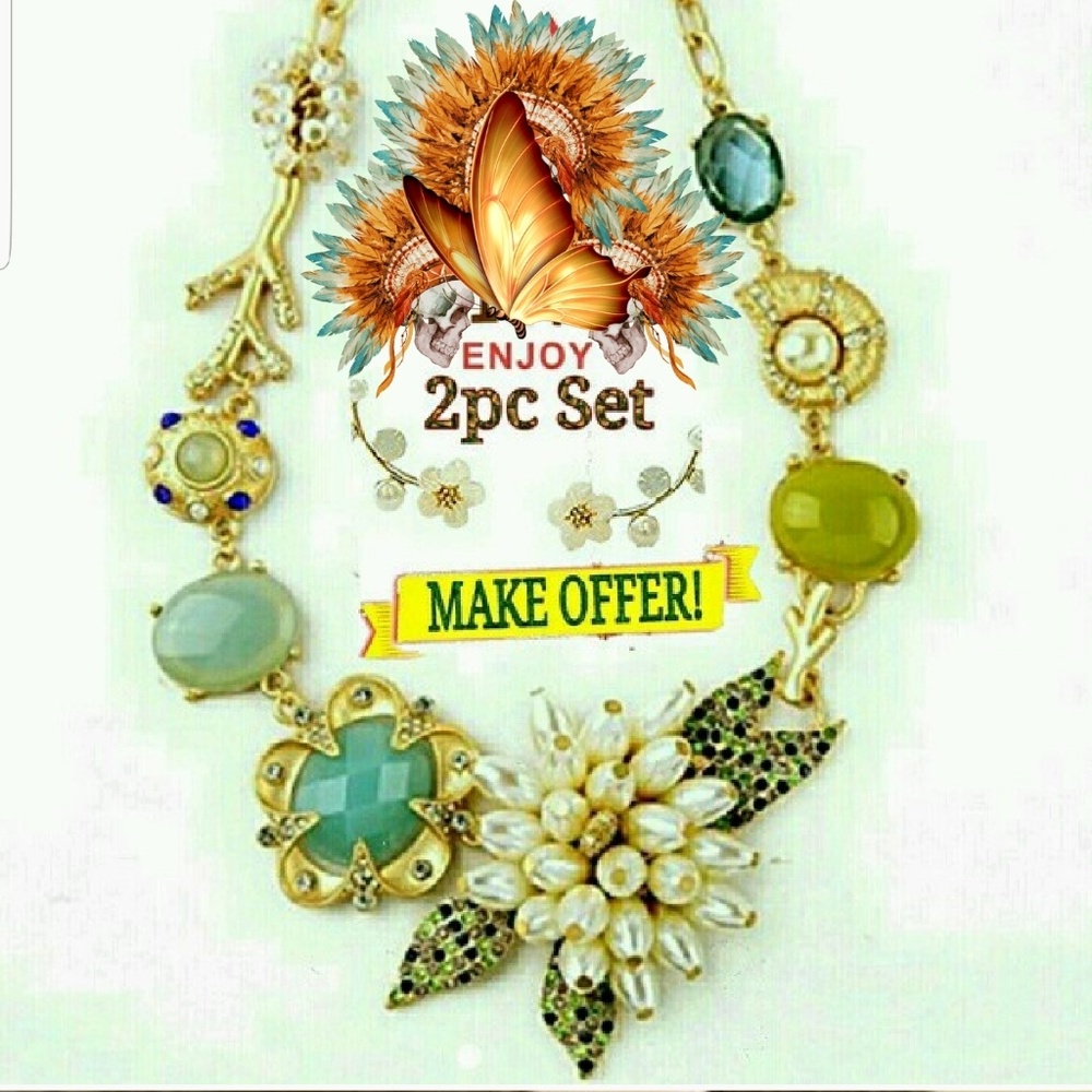 SALE! 2pc Bohemian Goldtone Gem & Pearl Set