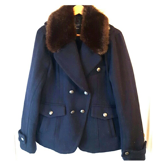 Wool Blend Pea Coat with Fur Trim