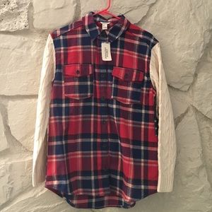 Cozy flannel top with cable knit arms NWT M