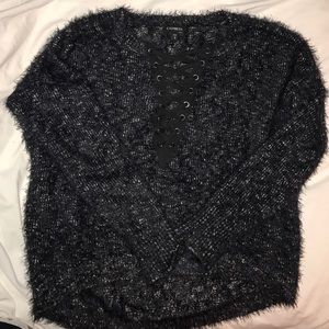 Express fuzzy lace-up sweater