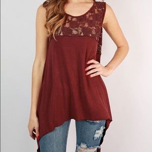 NWOT Acid Washed Burgundy Lace Top