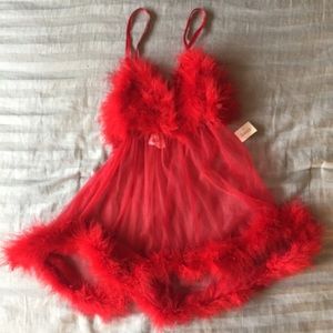 Fredricks of Hollywood red feather santa slip