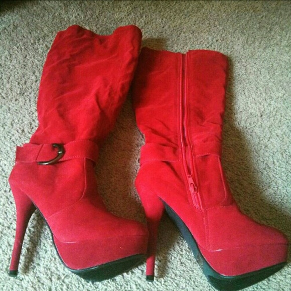 Red Faux Soft Suede Boots - Picture 2 of 3