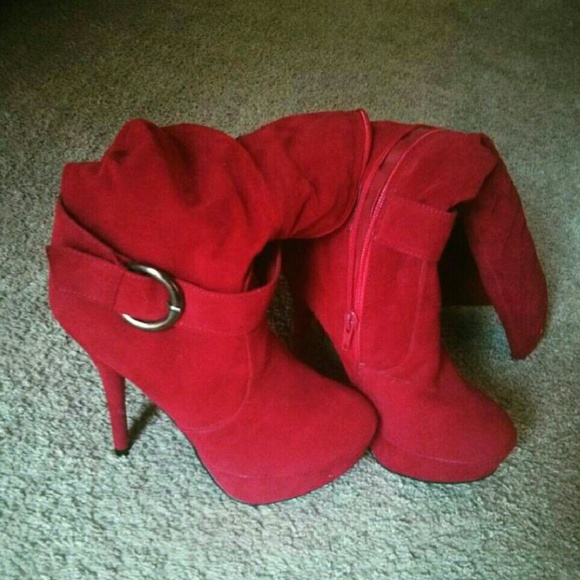 Red Faux Soft Suede Boots - Picture 3 of 3